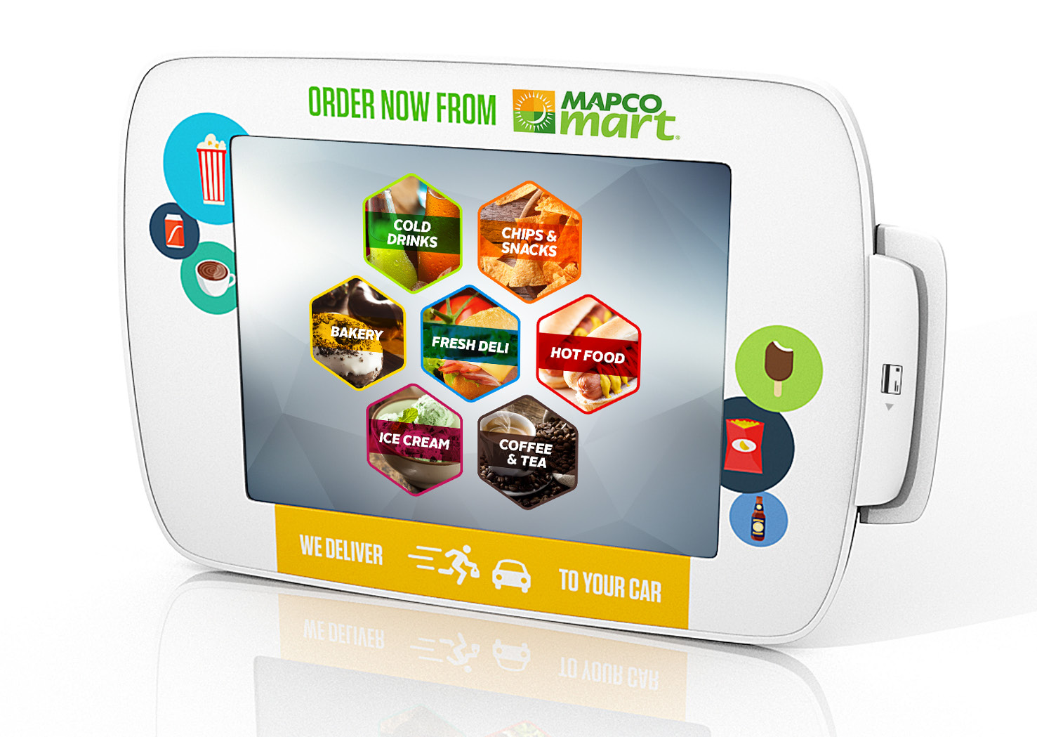 Mapco-branded retail Kiosk running in an iPad with attached credit card reader